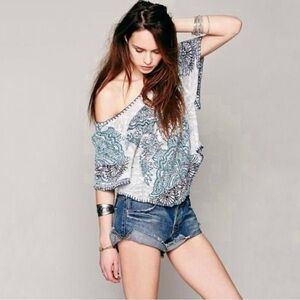 Free People Mayan Starburst Boho Knit Short Sleeve Sweater Top Ivory Multi Small